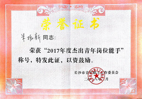 云顶国际yd888智能朱振新荣获长沙市2017年度优异青年岗位能手